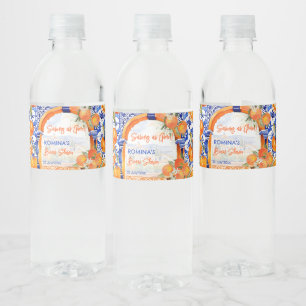 Orange blue azulejo talavera tiles bridal shower water bottle label
