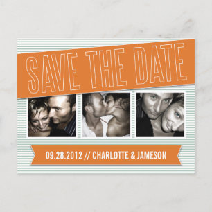 ORANGE & BLUE BANNER SAVE THE DATE ANNOUNCEMENT POSTCARD