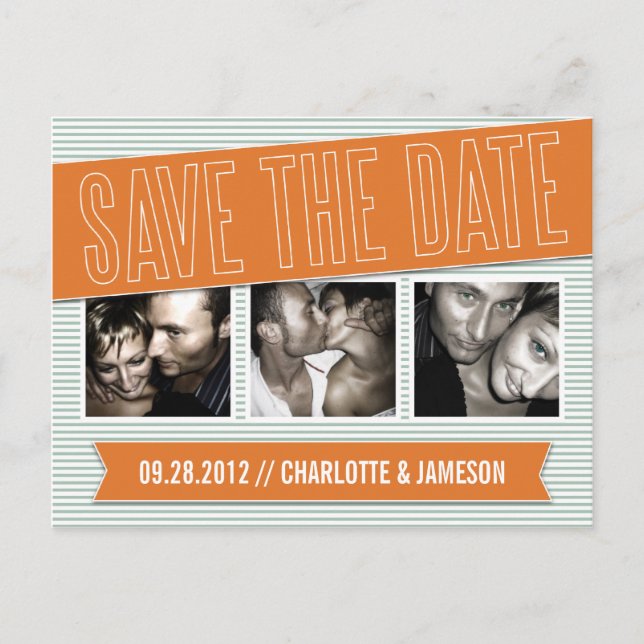 ORANGE & BLUE BANNER | SAVE THE DATE ANNOUNCEMENT POSTCARD (Front)