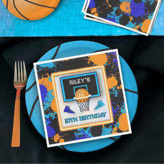 Orange & Blue Basketball Paint Splatter Birthday Napkin