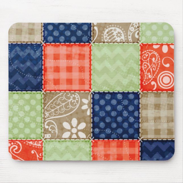 Orange, Blue, Brown and Sage Green Patchwork look Mouse Pad (Front)