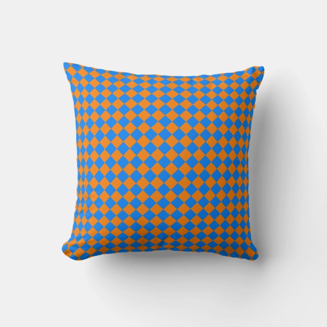 Orange Blue Chequered Diamond Pattern Throw Pillow (Front)