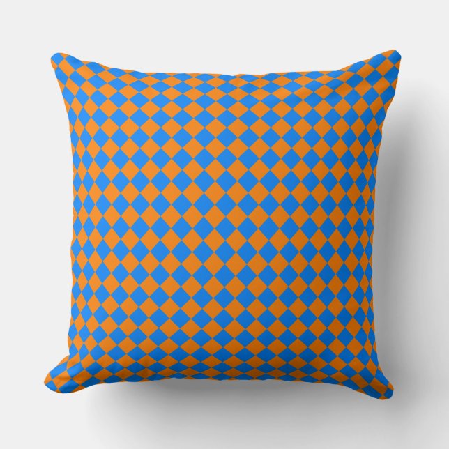 Orange Blue Chequered Diamond Pattern Throw Pillow (Front)