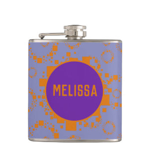 Orange blue circle squares pattern name dizzy art hip flask