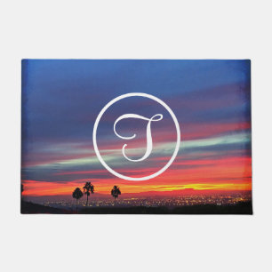 Orange blue clouds sunset photo custom monogram doormat