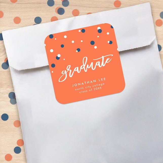 Orange Blue Confetti Graduate Graduation Square Sticker (Creator Uploaded)