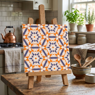 Orange Blue Cream Geometric Hexagons Pattern Tile
