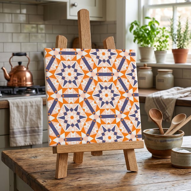 Orange Blue Cream Geometric Hexagons Pattern Tile (Creator Uploaded)