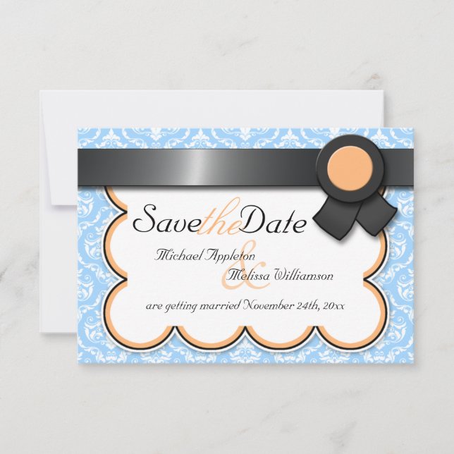 Orange & Blue Damask Save the Date Announcements (Front)