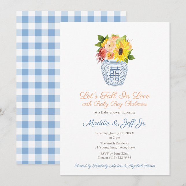 Orange & Blue Fall In Love Boy Autumn Baby Shower Invitation (Front/Back)