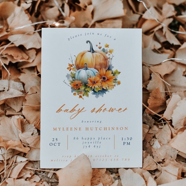 Orange & Blue Floral Pumpkin Baby Shower Invitation (Creator Uploaded)