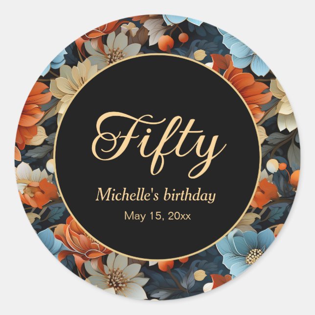 Orange Blue Flowers Black 50th Birthday Any Age Classic Round Sticker (Front)