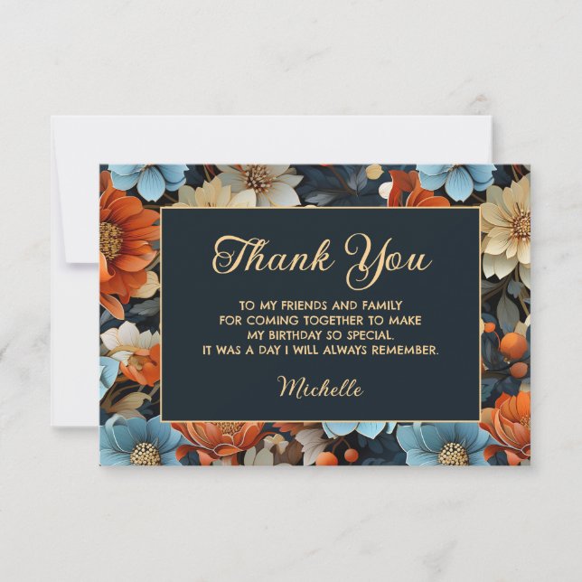 Orange Blue Flowers Black Birthday Thank You Card (Front)