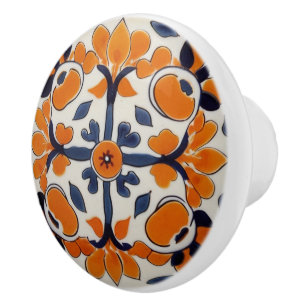 Orange Blue Geometric Cross Abstract Mediterranean Ceramic Knob