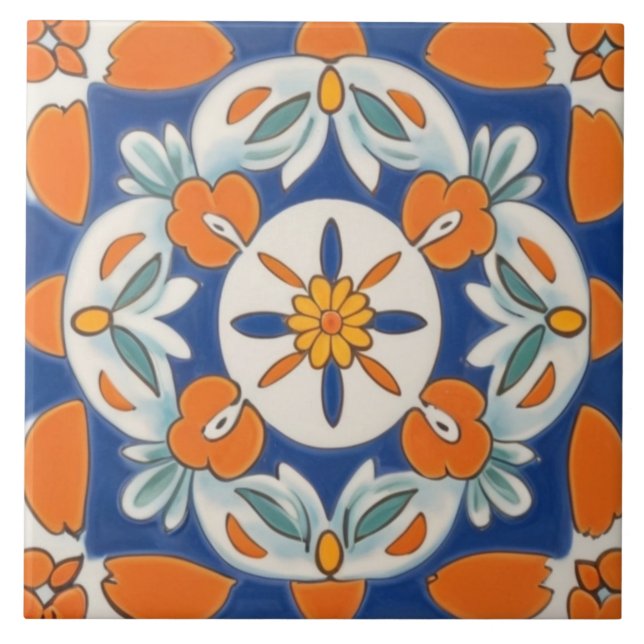 Orange & Blue Geometric Floral Mediterranean Tile (Front)