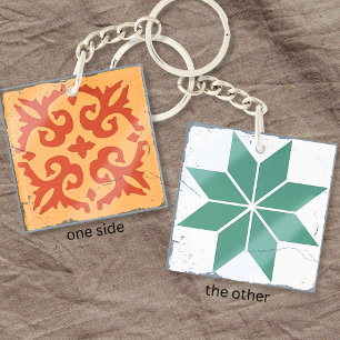 Orange Blue Geometric Tile Board Game Distressed Keychain