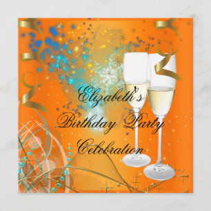 Orange Blue Gold Birthday Party Champagne Invitation