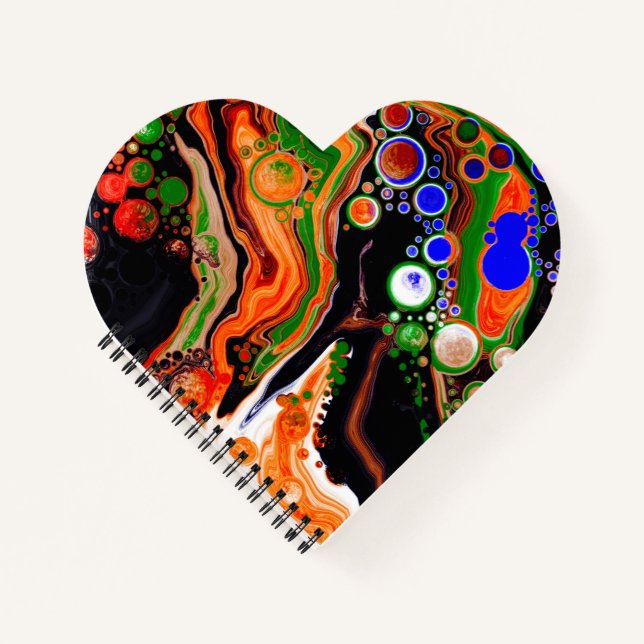 Orange, Blue, Green, Black Digital Fluid Art      Notebook (Front)