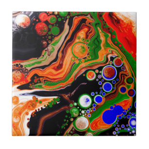 Orange, Blue, Green, Black Digital Fluid Art   Tile