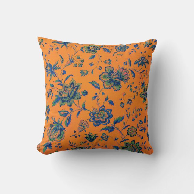 Orange Blue Green Pink Floral Tapestry Luxury Throw Pillow (Front)