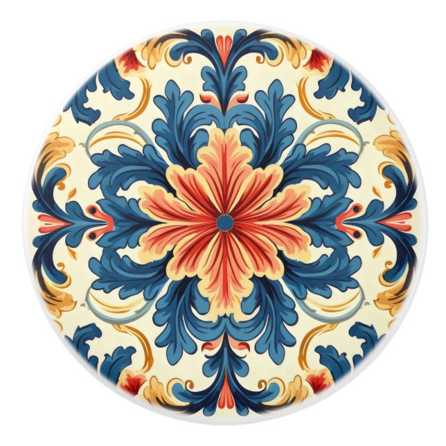 Orange Blue Italian Tile Ceramic Knob (Front)