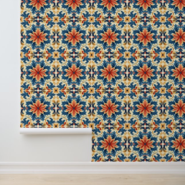 Orange Blue Italian Tile Wallpaper (Application)