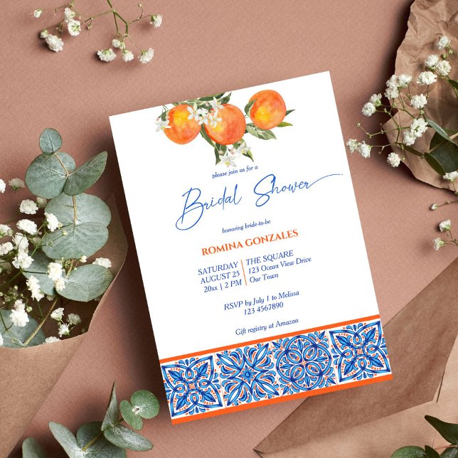 Orange blue majolica talavera tiles bridal shower invitation (Creator Uploaded)