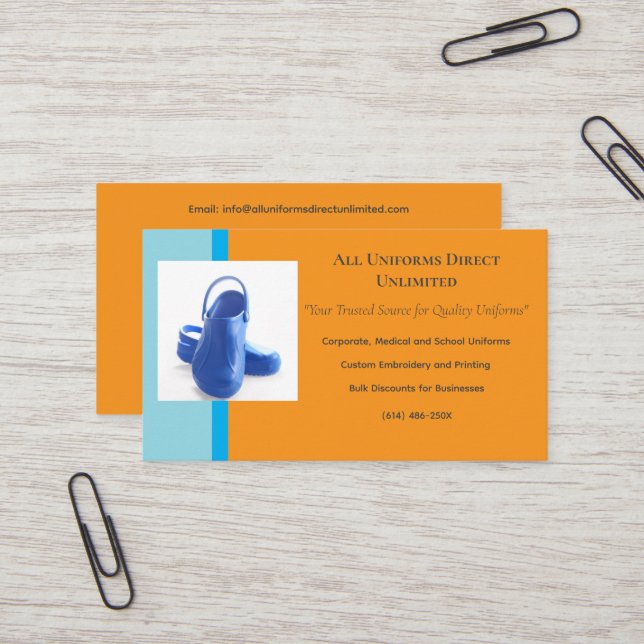 Orange Blue Medical Clogs Uniform Business Card (Front/Back In Situ)