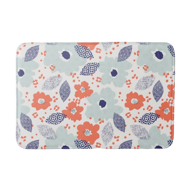 Orange & Blue Modern Flower Pattern Bath Mat (Front)