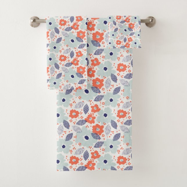 Orange & Blue Modern Flower Pattern Bath Towel Set (Insitu)