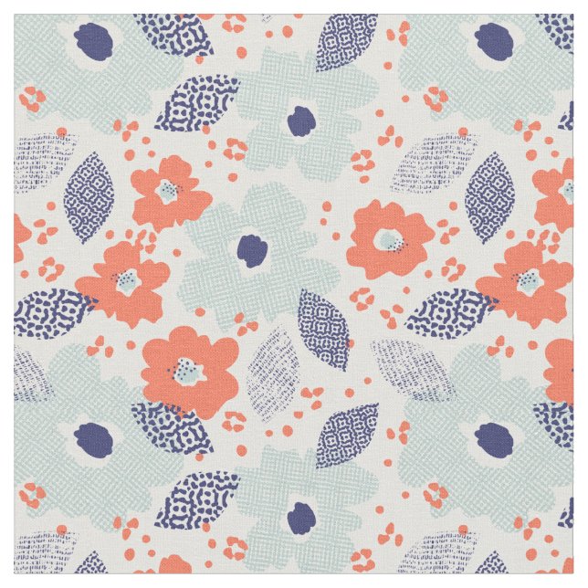 Orange & Blue Modern Flower Pattern Fabric (Close Up)