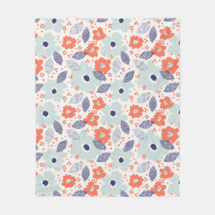 Orange & Blue Modern Flower Pattern Fleece Blanket