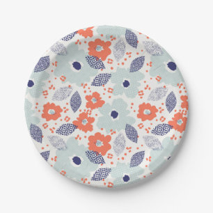 Orange & Blue Modern Flower Pattern Paper Plate
