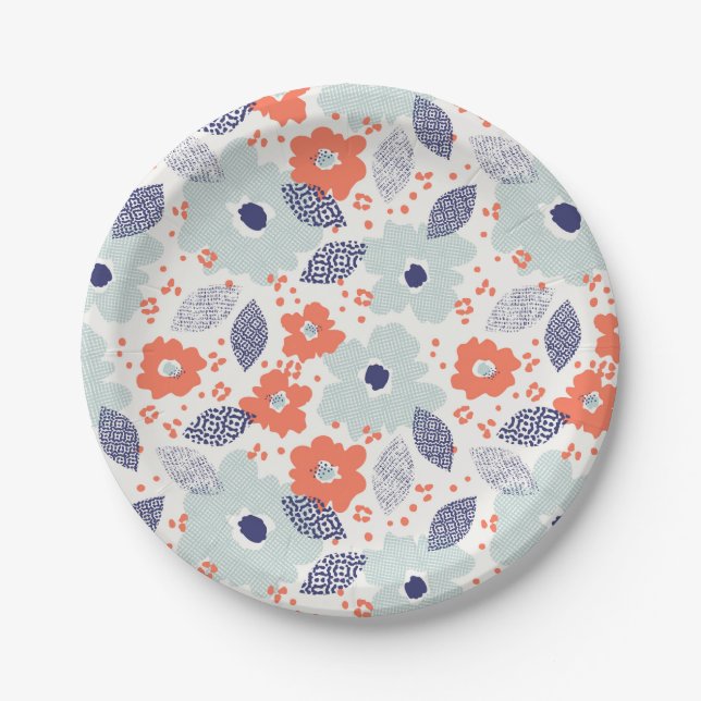 Orange & Blue Modern Flower Pattern Paper Plate (Front)