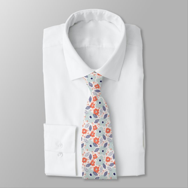Orange & Blue Modern Flower Pattern Tie (Tied)