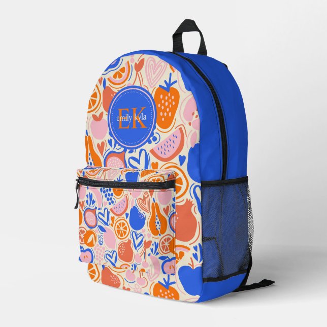 Orange Blue Monogram Fruits Vegetables Printed Backpack (Back Corner Right)