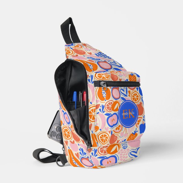 Orange Blue Monogram Fruits Vegetables Sling Bag (Open)