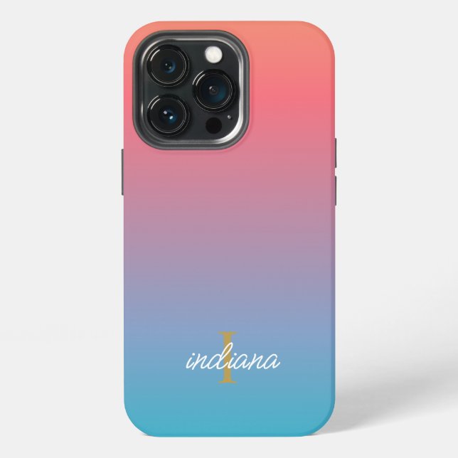 Orange Blue Ombre Modern Script Monogram Name iPhone Case (Back)