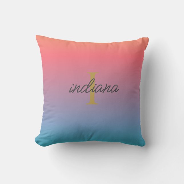 Orange Blue Ombre Monogram Script Throw Pillow (Front)