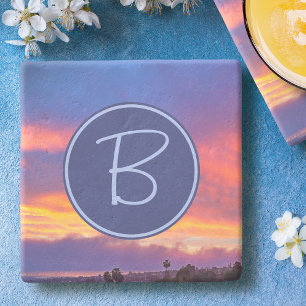 Orange Blue Pink Clouds Sunset Monogram Initial Stone Coaster