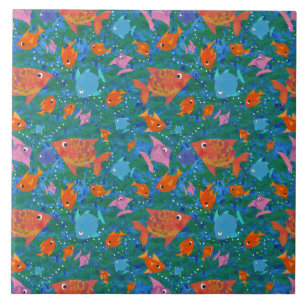 Orange, Blue, Pink Colourful Fun Fish in the Sea Tile