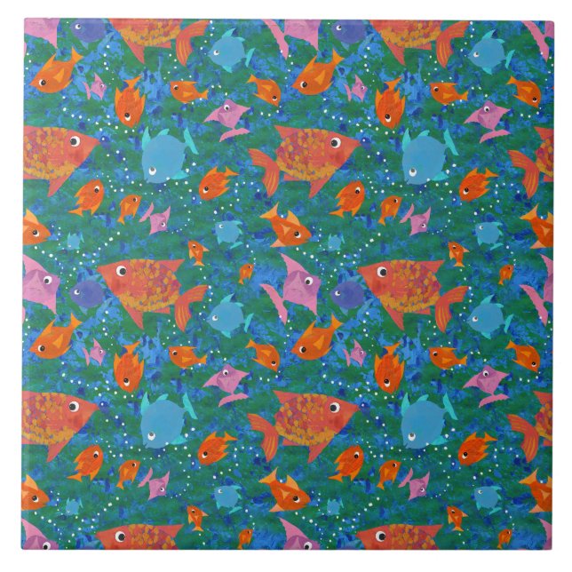 Orange, Blue, Pink Colourful Fun Fish in the Sea Tile (Front)