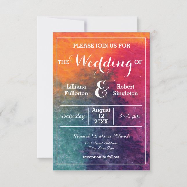 Orange Blue Pink Watercolor-3x5 Wedding Invitation (Front)