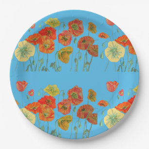 Orange Blue Poppy Flower Pattern Paper Party Plate