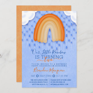 Orange Blue Rainbow Rain Clouds Balloon Birthday Invitation