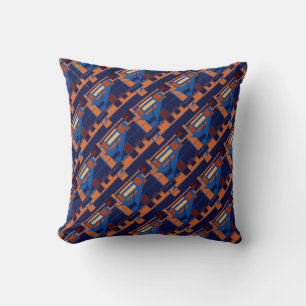 Orange Blue Rust Navy Diagonal Rows Art Design Throw Pillow
