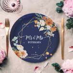 Orange blue sage flowers navy blue custom name  paper plate<br><div class="desc">Orange and white roses sage eucalyptus greenery navy blue background gold geometrical frame floral Mr & Mrs personalized name wedding paper plates.</div>