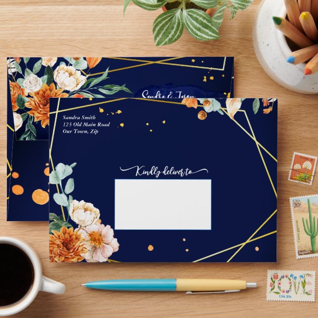 Orange blue sage flowers navy blue matching 5x7  envelope (Desk)