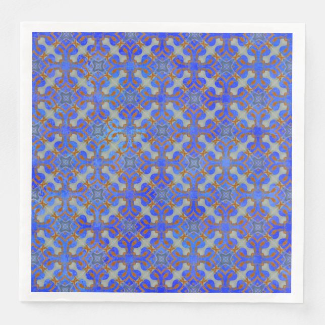 Orange, Blue Scrolled Diamond Pattern Napkin (Front)
