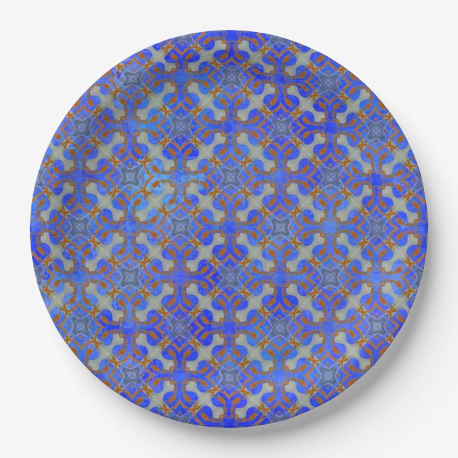 Orange, Blue Scrolled Diamond Pattern Paper Plate (Front)